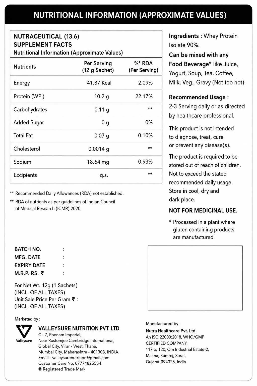Valleysure WPI - 12g x 10 sachets